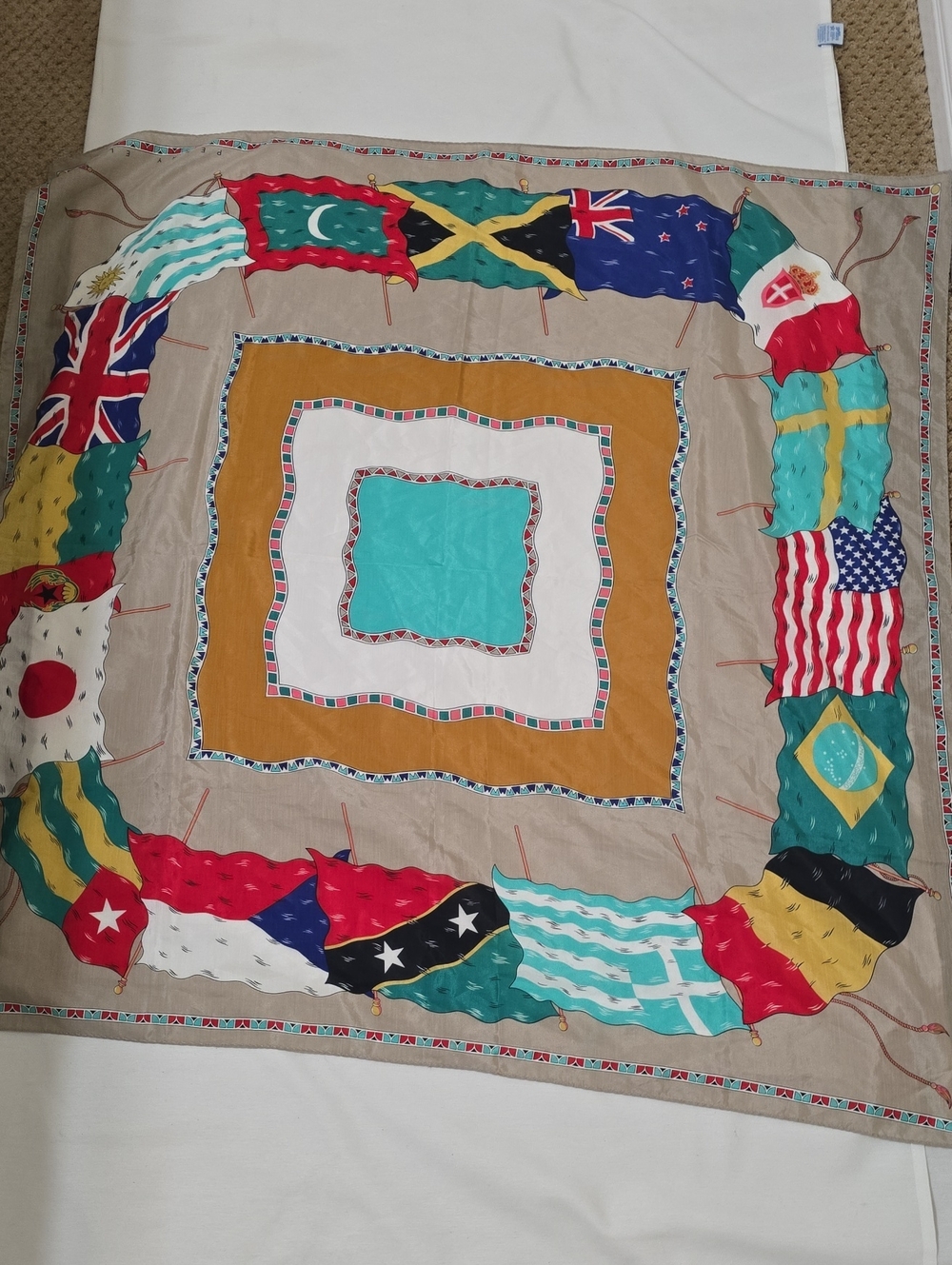Perry Ellis Flag Border  Silk Scarf in Beige, Teal & Mustard